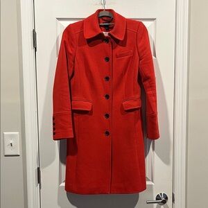 J. Crew Bold Orange CoralTrench Coat with Black Buttons. Wool Blend. Size 4